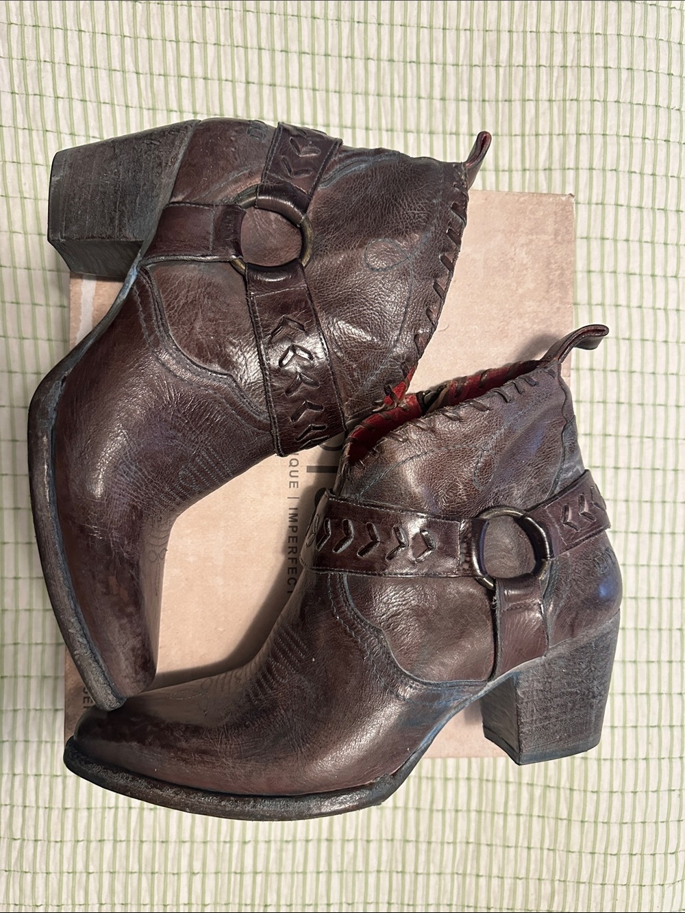 Bed Stu Dark Brown Leather Ankle Booties with Decorative Ring